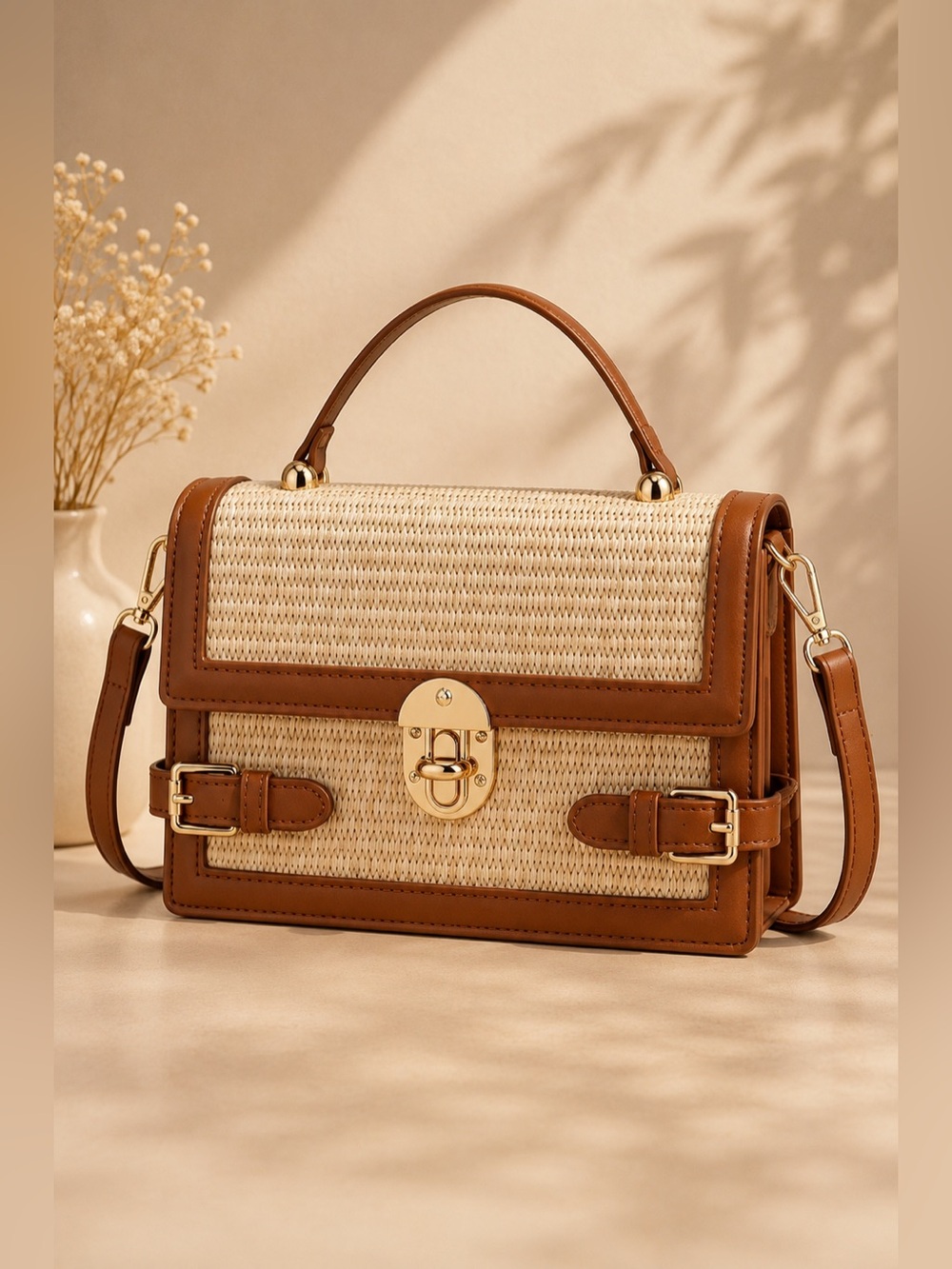 Woven Straw Box Handbag – Brown Crossbody Top Handle Structured Bag